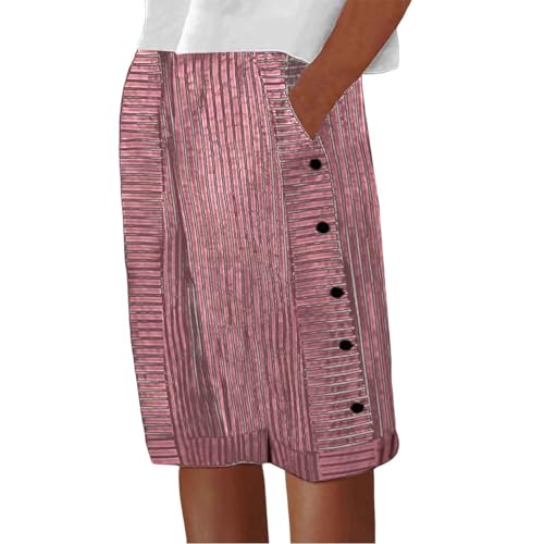 Generisch Damenhosen Elegant Kurzgrössen 20, Sommer, gestreift, Bedruckt, mit Knöpfen, lässig, locker vielseitig Lässige Cargohose Damen Hose Kurz für SchlafenFreizeitaktivitäten (Red, S)