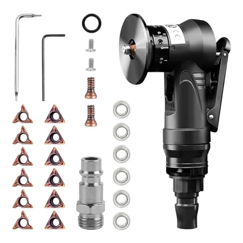 Mini Pneumatische Anfasmaschine, 30000 U/min, Handheld-45-Grad-Bogen-Luftschrägemaschine mit 1/4-Zoll-Lufteinlass zum Trimmen von Fasen-Entgraten (6R-Einsätze + 6C-Einsätze + 6-Lager)