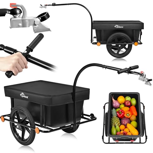 SAMAX Lastenanhänger Fahrradanhänger 90 Liter 80 Kg mit Kupplung Schutzplane und Verbindungsschelle - Transportanhänger Fahrrad Anhänger Handwagen mit Kunststoffwanne in Schwarz - Mountain