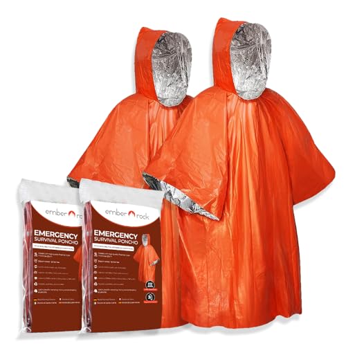 Ember Rock Notfall Survival Poncho mit Thermo Mylar Folienbeschichtung und Decke für Wärmehaltung Regenschutz. Wendbar mit Kapuze (Orange 2er-Pack)