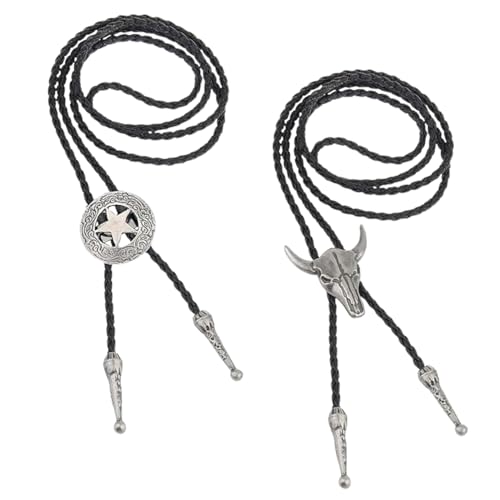 Lyivisk 2 StüCk Bolo Tie Leder Mit KuhschäDel & Texas Ranger Stern, Western Cowboy Krawatte FüR Herren & Damen, Ideal FüR Cowboy KostüM, Rodeo Accessoire Und Festliche Accessoires