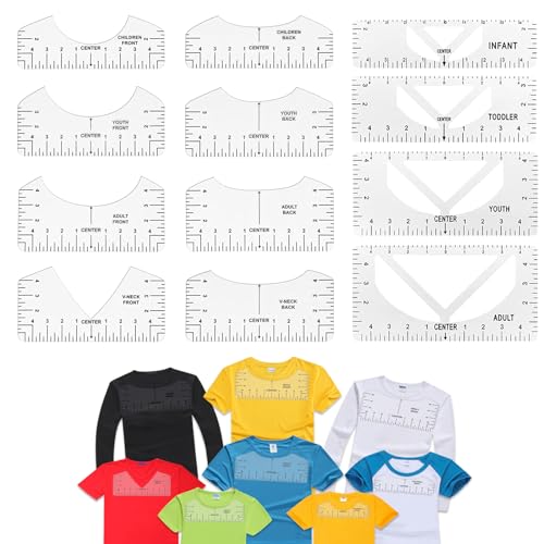 12 Stücke T-Shirt Ausrichtungslineal PVC,Schablonen-Lineal,Transparente T-Shirt Anleitung Lineal,T-shirt Ruler Guide,Lineal zum Nähen,für Rundhalsausschnitt und V-Ausschnitt