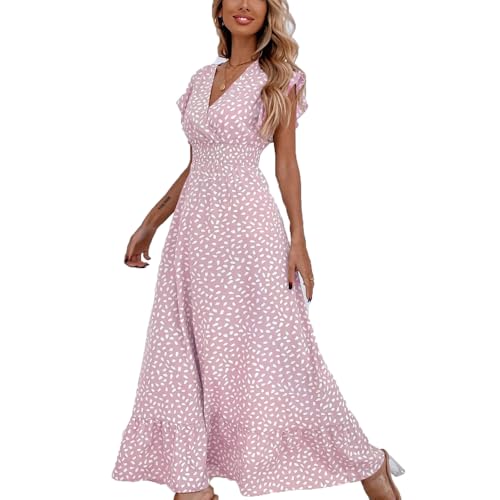 BSLVWG Damen Maxi Kleid Rüschen Blütenblatt Kurzarm V-Ausschnitt Floral Flowy Sommer Strand Urlaub Sundress Casual Langes Kleid (DE/NL/SE/PL, Alphanumerisch, S, Regular, Regular, Rosa)