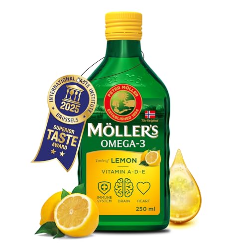 Möller's Omega 3 Lebertran Öl | Nordic Nahrungsergänzung mit EPA, DHA, Vitamin A, D, E | Superior Taste Award | Hochreiner natürlicher Lebertran | 165 Jahre alte Marke | Zitrone | 250 ML