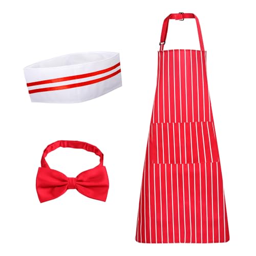 Mikovivi Kochkostüm, Rot-Weiß Gestreifte Schürze mit 2 Taschen Kochmütze und Fliege Karnevalskostüm Kellnerkostüm Set im 50er-Jahre-Stil für Cosplay Partyzubehör für Erwachsene