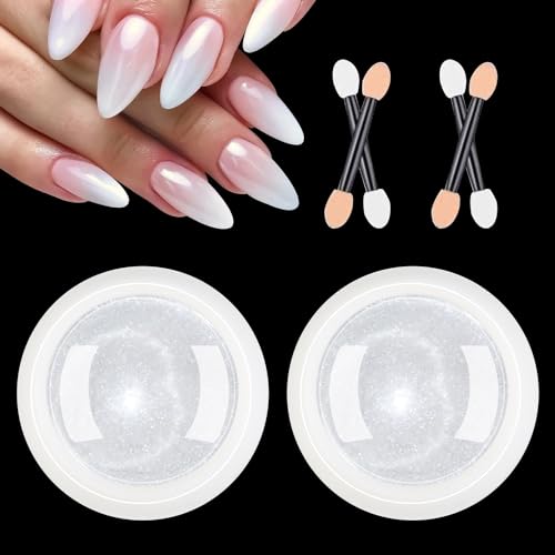 BISHNGYF【Upgarde】Perle Chrom Nagelpuder Glitzerpuder Weiße【Super Mirror Effect】2PCS Chrom Nagelpulver Neo Pearl Effect Chrome Nail Powder für Chrome Nails und Glazed Donut Nails