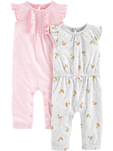 Simple Joys by Carter's Baby Mädchen 2-Pack Fashion Jumpsuits Overall, Grau Schwäne/Rosa Streifen, 12 Monate (2er Pack)