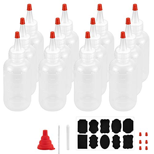 TANCUDER 12 Stück Quetschflasche Liquid Flasche 120 ml Squeeze Flasche Plastik Quetschflasche mit roten Spitzen Kappen, 1 Falttrichter, 1 Bürste, 1 Aufkleber und 1 flüssige Kreide für Handwerk