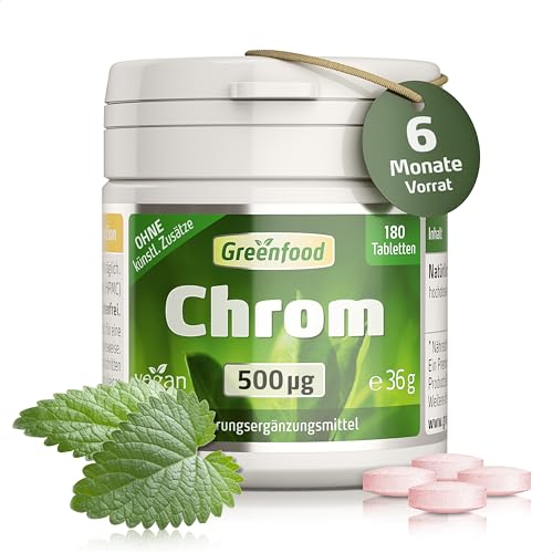 Chrom Tabletten Hochdosiert - Chrom Picolinat mit 500µg pro Tag (180 vegane Tabletten) - Chrom aus Chromium Picolinate für normalen Blutzuckerspiegel - ohne Zusätze & laborgeprüft - Greenfood