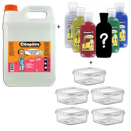 Cléopatre - Set Transparenter Kleber 2kg + 6 Glittertuben + 5 Aufbewahrungsboxen - Kleber, Lösungsmittelfrei, Reinigung mit Wasser - Ab 6 Jahren