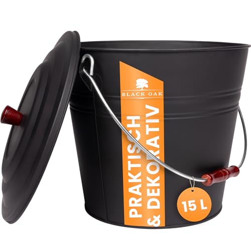 BLACK OAK Ascheeimer KATLA 15L – schwarz Deckel mit Holzknopf - groß 15 Liter - Stahl feuerfest verzinkt & pulverbeschichtet Asche & Kohle Eimer ideales Zubehör für Kamin Kachelofen Holzofen