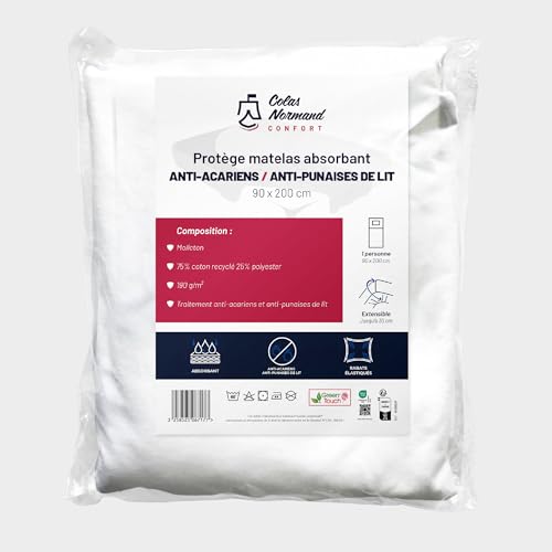 Colas Normand - Matratzenschoner, 90 x 200 cm – saugfähig & atmungsaktiv – Molton 75% recycelte Baumwolle – gegen Milben & Bettwanzen, GreenTouch, 90 x 200 cm