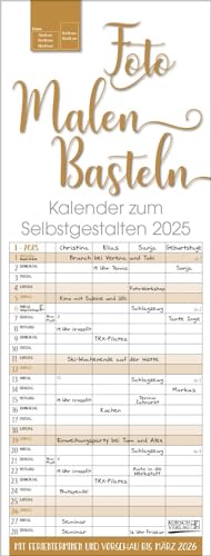 Foto-Malen-Basteln Familientimer gold 2025: Familienplaner mit 4 Spalten als Fotokalender zum Selbstgestalten. Familienkalender mit Ferienterminen und festem Bastelpapier.