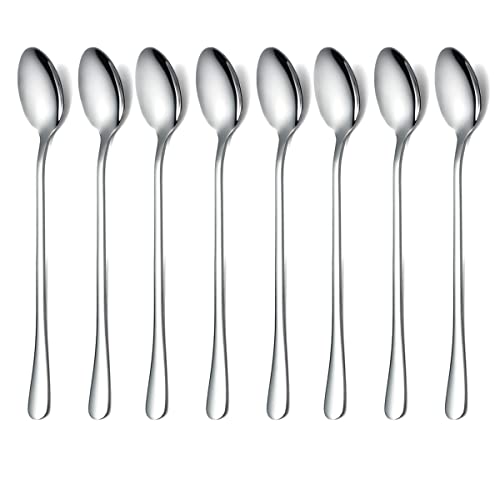 HOMQUEN Löffel mit Langem Griff, Kaffeerührer, Premium-Edelstahl-Kaffeelöffel, Eisteelöffel, Eislöffel, Cocktail-Rührlöffel, Teelöffel, 8Er-Set (Silber)