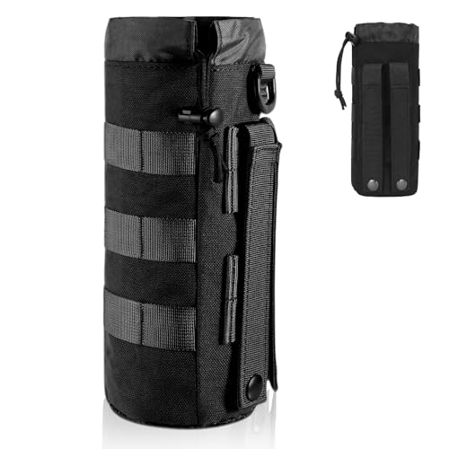 Taktisch Flaschenhalter,Taktische Molle Wasserflaschentasche, Militär Trinkflasche Beutel,Tragbarer Wasserbehälter Beutel Tasche,mit Kordelzug und Mesh Unterseite, Nylon, für Camping Wandern (Schwarz)