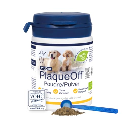 ProDen PlaqueOff Pulver für Hunde & Katzen, Zahnstein- und Mundgeruchsentferner, 100 % natürliche Zahnreinigung und Plaque-Entfernung, 60 g