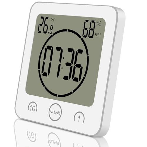 ALEENFOON Digital Badezimmeruhr Duschuhr Wasserdicht mit Saugnapf Thermometer zum Hinstellen Wand Dusche Countdown Timer Digitalwecker Batteriebetrieben Thermometer Hygrometer Innen (Weiß)