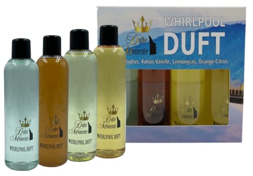 Dufte Momente | Whirlpool Duft 4 x 250ml | Eukalyptus, Kokos - Vanille, Lemongras, Orange - Citrus | mit naturreinen und natürlichen ätherischen Ölen | kein Schaum | vegan und ohne Tierversuche