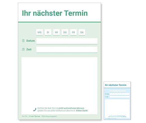 Frank Paperman® | 600 Terminzettel Praxis | 12 x Terminblock à 50 Blatt | grün | 1 Terminfeld pro Zettel | für Ärzte, Heilpraktiker, Physio, Massage, Studios u.v.m.