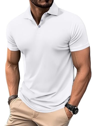 PINSPARK Poloshirt Herren Atmungsaktiv Kurzärmliges Golf Polo Shirt Männer Hygroskopisch Polohemd Schnelltrocknend Sportswear Silm Fit Gym Shirt Weiß M (1 Stück)