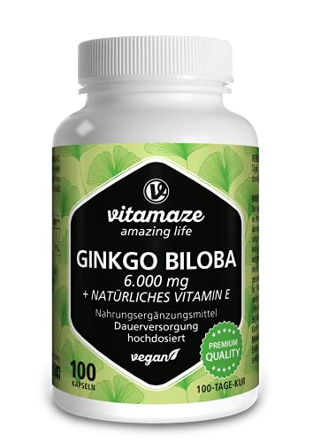 Ginkgo Biloba Kapseln hochdosiert 6000 mg vegan Gingko Biloba Extrakt 50:1, 100 Kapseln für 100 Tage Dauerversorgung, Nahrungsergänzung ohne Zusätze, Made in Germany