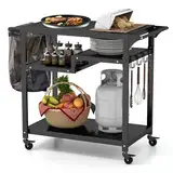 KOMFOTTEU Servierwagen Grillwagen Metall, Garten Rollwagen mit Arbeitstisch, 4 Ablagen & Griff, Grilltisch Grill Trolley inkl. 6 Haken & Müllbeutelhalter, Küchenwagen für BBQ Outdoorküche, Schwarz