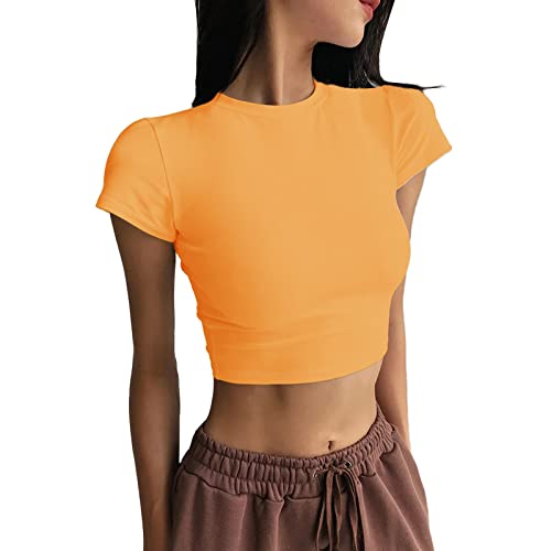 Sport-Shirt Damen Kurzarm Damen Halbhoher Kurzärmliges Nabel-T-Shirt Enges Nabel Bottoming Shirt Kurz Hohe Taille Feste Farbe Sport-Tops Damen T-Shirt Kurzarm Sport Sport Crop Top Kurzarm (B, S)