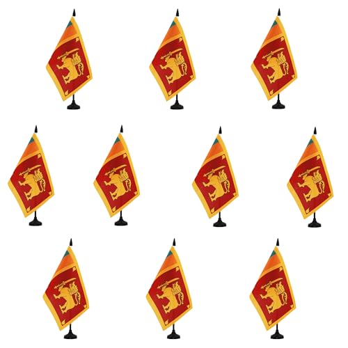 AZ FLAG - 10 Stück Tischflagge Sri Lanka 21 x 14 cm – 10 kleine Sri Lankische Büroflaggen aus 100 % Polyester mit Fahnenstange von 25 cm und Sockel aus schwarzem Kunststoff