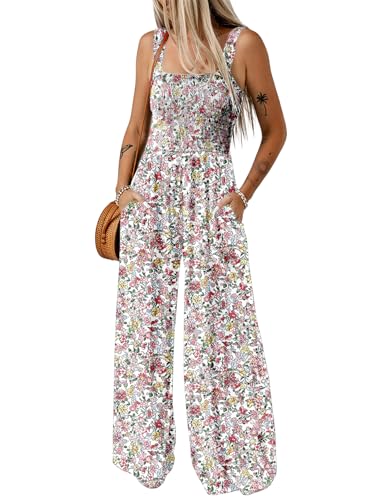 Dokotoo Jumpsuit Damen Sommer Blumenmuster Latzhose Casual Lose Overall Leicht Lang Romper Weites Bein Hose Playsuit mit Taschen, hellrosa, L