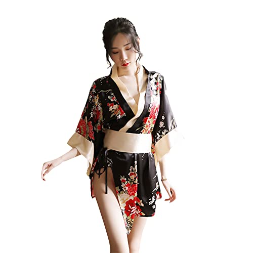 TINAYAUE Damen Traditioneller japanischer Kimono Sexy Dessous Japanische Strickjacke Schnür Kimono Yukata-Kleidung im Kimono-Stil Cosplay-Unterwäsche Retro-Pyjama Kimono Anzug Bademantel Pyjama