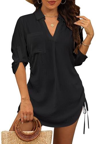 StylSense Damen Strandkleid Sommer Bikini Cover Up Badeanzug Sommerkleider Damen Leicht Strandponcho bluse mit Tunnelzug (Schwarz, L)