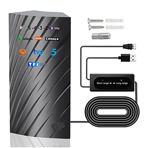 DVB-T2 HD Antenne Innen Außen, 39DBI 480 km Reichweite Indoor-Freeview-Antenne mit Intelligentem Signalverstärker, Doppelsignalmodus und 10m Kabel Unterstützen HD-TV 1080P 4K