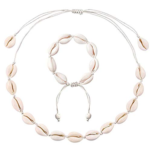 GLITZFAS Damen Natural Shell Choker Halsketten Armband Schmuck Set Boho Muschelkette (Weiß)