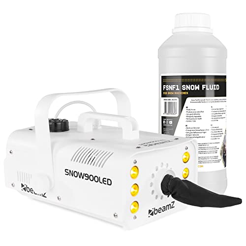 BeamZ SNOW900LED Schneemaschine mit Flüssigkeit, 900 Watt Schnee Maschine mit Funkfernbedienung, Snow Machine mit 1 Liter Schneefluid, mini Schneekanone Garten, Party Gadget, Winter Simulation