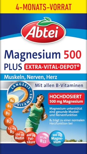 Abtei Magnesium 500 Plus Extra-Vital-Depot – Zur Unterstützung von Muskeln, Nerven, Herz – Mit 500mg Magnesium – Glutenfrei, Laktosefrei, Vegan – Vorratspackung – 126 Tabletten für 4 Monate