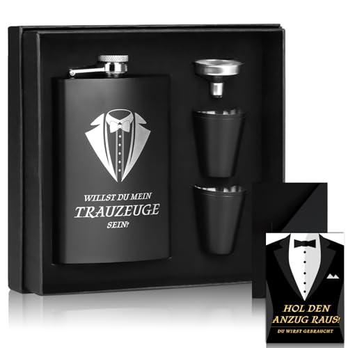 Trauzeugen Flachmann Willst Du Mein Trauzeuge Sein mit Karte 8oz Flachmann Mit Gravur Schwarz 4 Becher Trichter In Schwarzer Geschenkbox Geschenk Edelstahl Schnapsgläser Mann Für Hochzeit