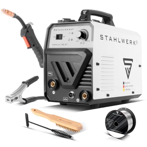 STAHLWERK Schweißgerät Mini FLUX 120 ST - Fülldraht, Schweißen ohne Schutzgas, mit synergischem Drahtvorschub für 0,6 | 0,8 | 0,9 | 1,0 mm Schweißdraht, kompakter Inverter mit echten 120 Ampere