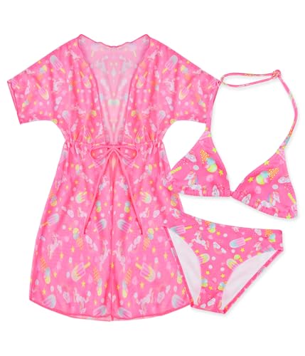FP DE POWER FLOWER Mädchen 3-teiliges Badeanzug-Set, Bikini-Set mit Coverup zum Schwimmen, Zweiteiliger Badeanzug mit Coverup für Mädchen von 4 bis 16 Jahren (4-6 Years, LA665-Pink)