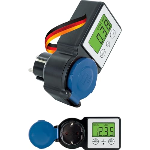SCHWAIGER Energiekostenmessgerät Stromzähler Steckdose Outdoor IP44 Einspeisemessgerät Balkonkraftwerk Solaranlage beleuchtetes Display Watt Volt kWh digital Stromkostenmessgerät Einspeisung messen