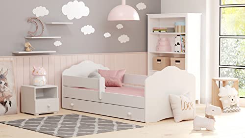 KOBI Fala Kinderbett mit Rausfallschutz mit Schublade | 160 x 80 cm | Kinderbetten mit Matratze Komplett Set | Einzelbett Kinder Bett | Mädchen Junge | Modern Weiss Kids Bed Children | Kinderzimmer