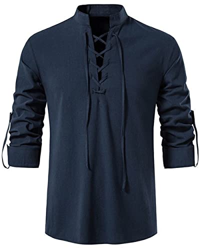 LUYANA Herren Baumwolle Leinen Hemd Klassisch Schottisch Jacobit Ghillie Kilt Men Shirt Marine L