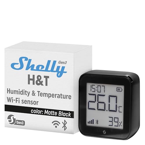 Shelly H&T Gen3 Schwarz | WLAN und Bluetooth Intelligenter Thermometer Hygrometer | Temperatur & Luftfeuchtigkeitssensor mit APP iOS Android & Datenspeicherung | Lange Batterielebensdauer