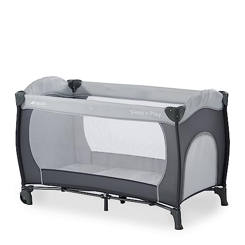 Hauck Reisebett Sleep N Play Go Plus 120 x 60 cm, für Babys und Kinder ab Geburt bis 15 kg, mit Rollen, Leicht, Kompakt Faltbar, Inklusive Transporttasche und Faltboden, Schlupf, Stone Grau