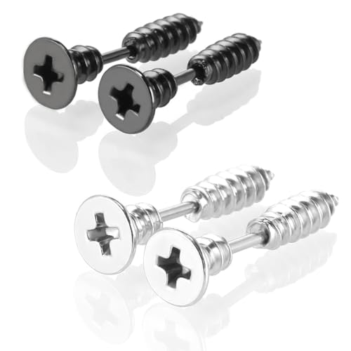 EIHI 4 Stück Frauen Männer Punk Edelstahl Schraube Ohrstecker Ohrringe Schmuck Silber & Schwarz