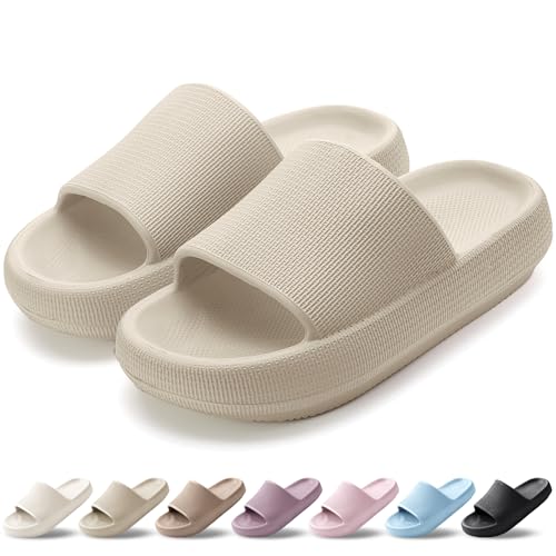 HEOAARG Badelatschen Herren Damen Rutschfest Badeschlappen Wolke Weich Schlappen Slippers Sommer Pantoletten Badesandalen Cozislides Flip Flops Innen/Außen,Khaki,39-40 EU