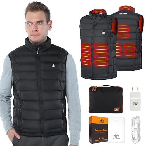 Rex Rabbit Beheizbare Weste, Beheizte Weste Herren mit 10000mAh Akku, Heizweste mit 6 Heizzonen, 3 einstellbare Wärmestufe, Beheizte Jacke mit Powerbank für Outdoor Wandern Motorrad Camping