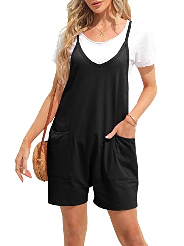 Ebifin Damen Latzhose Kurz Arbeitshose Sommer Lose Overall Jumpsuit Ärmelloser Latzhosen mit Große Taschen.Schwarz.M