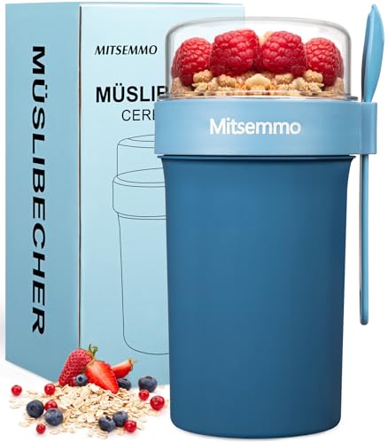 Müslibecher to Go 760ml+230ml,Joghurtbecher to Go Kinder mit Löffel,Müsli Cup to Go Becher,Cornflakes to Go,Müslibecher Müslidose Müslischale Frühstücksdose Müslibox,Joghurt Box to Go Becher (Blau)