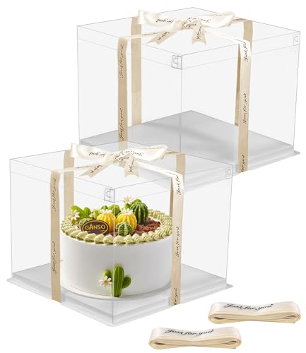 2 Stück Geschenkbox Durchsichtig Tortenschachtel Tortenbox 30 * 30 * 25cm Tortenkarton Transparent Torten Kuchen Transportbox Geschenkbox Durchsichtig mit Sockel und Band für Geburtstag Dessert