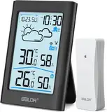 BALDR Wetterstation Funk mit Außensensor, Digital DCF-Funkuhr Thermometer Innen/Außen Temperaturanzeige Funk,Raumthermometer,Hygrometer, Wettervorhersage, Uhrzeitanzeige, Wecker,3.7 Zoll Display